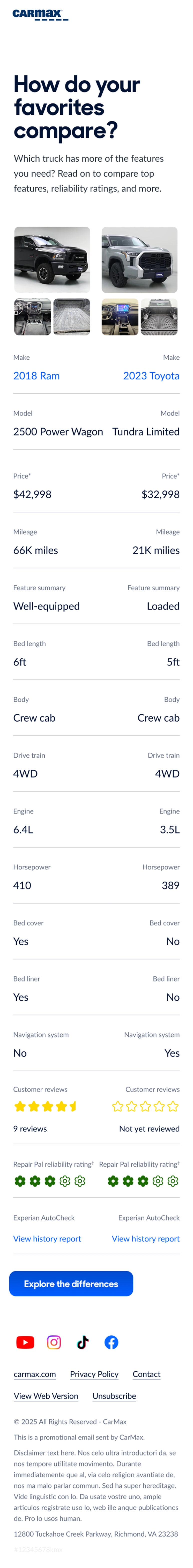 Truck comparison email